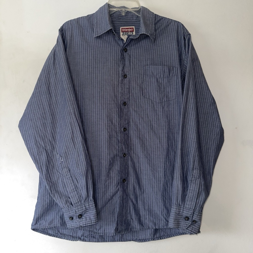 Wrangler Men's‎ Large Button-Down Blue Stripe Long Sleeve 100% Cotton Shirt
